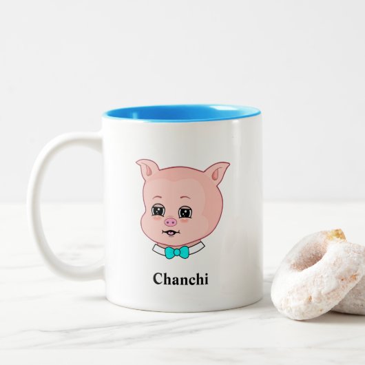 Niedliches Piglet Cartoon und Kalligrafie Zweifarbige Tasse (Mit Donut)