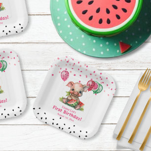 Niedliches Piglet Ess Wassermelone Geburtstag Pappteller