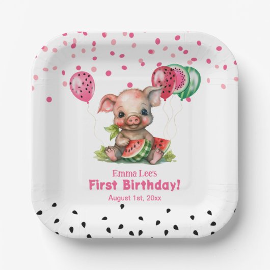 Niedliches Piglet Ess Wassermelone Geburtstag Pappteller (Vorderseite)