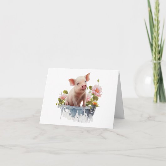 Niedliches Piglet mit Wasser und Blume BLANK Karte (Vorderseite)