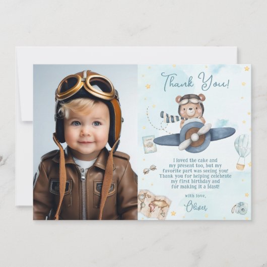 Niedliches Pilotprogramm Teddy Bear Blue Flugzeug Dankeskarte (Vorderseite)