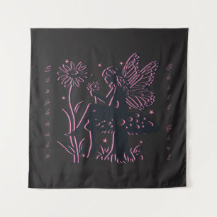 Niedliches Pilz- und Blume Schwarz/Rosa Wandteppich