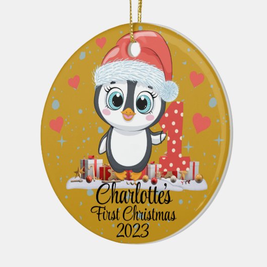 Niedliches Pinguin Baby's First Christmas Gold Keramik Ornament (Links)