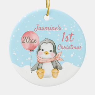 Niedliches Pinguin Baby's First Christmas Pink Keramik Ornament
