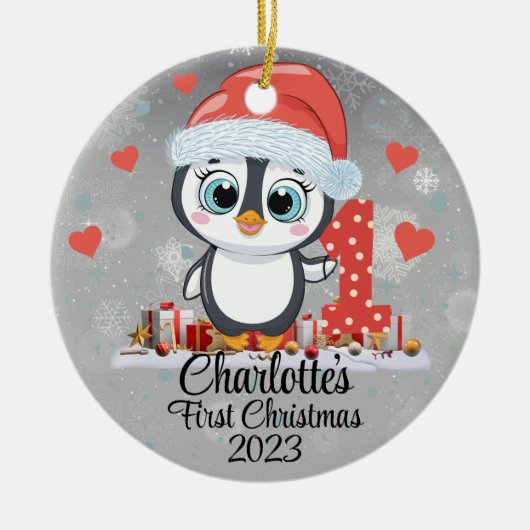 Niedliches Pinguin Baby's First Christmas Silver Keramik Ornament (Vorne)