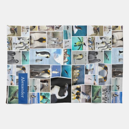 Niedliches Pinguin-Foto-Collage-Muster mit Vorname Geschirrtuch (Horizontal)