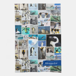 Niedliches Pinguin-Foto-Collage-Muster mit Vorname Geschirrtuch