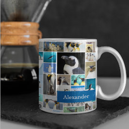 Niedliches Pinguin-Foto-Collage-Muster mit Vorname Kaffeetasse