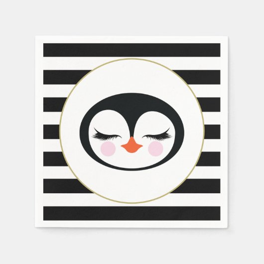 Niedliches Pinguin-Gesicht Schwarz-Weiß-Streifen P Serviette (Vorderseite)