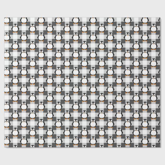 Niedliches Pinguin Kariertes Muster in Schwarz-wei Geschenkpapier (Flach)