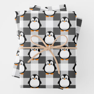 Niedliches Pinguin Kariertes Muster in Schwarz-wei Geschenkpapier Set