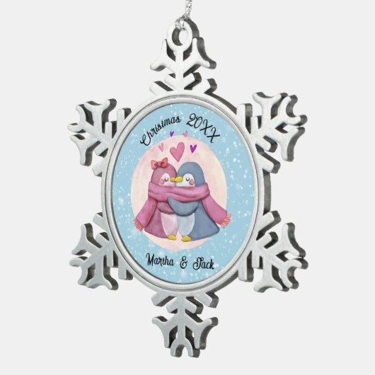 Niedliches Pinguin-Paar für Ferien Schneeflocken Zinn-Ornament (Rechts)