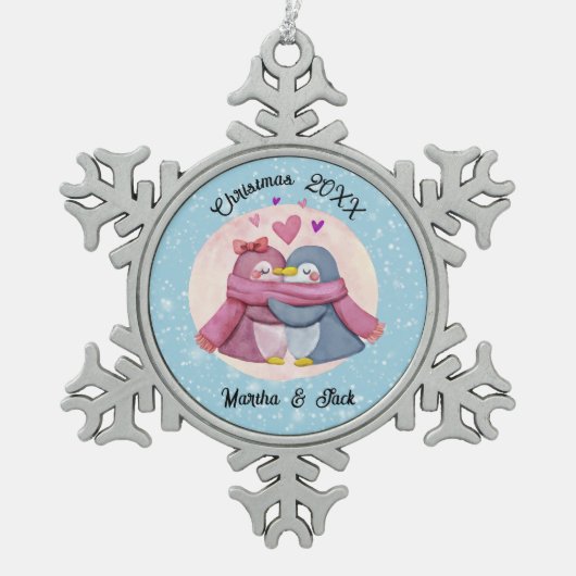 Niedliches Pinguin-Paar für Ferien Schneeflocken Zinn-Ornament (Vorderseite)