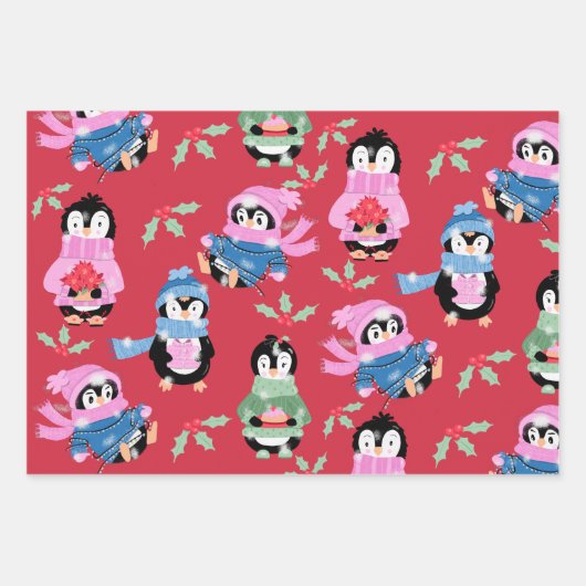 Niedliches Pinguin- und Streifenpapier Geschenkpapier Set (Vorderseite 3)