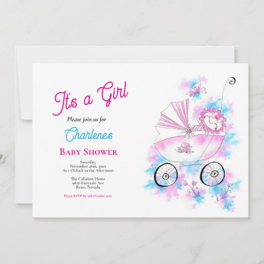 Niedliches Pink & Aqua Watercolor Kindermädchen in Einladung (Vorderseite)