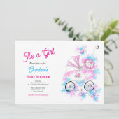 Niedliches Pink & Aqua Watercolor Kindermädchen in Einladung (Stehend Vorderseite)