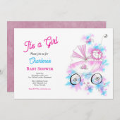 Niedliches Pink & Aqua Watercolor Kindermädchen in Einladung (Vorne/Hinten)