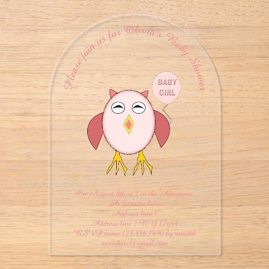 Niedliches Pink Baby Girl Owl Custom Baby Dusche Acryleinladungen (Vorderseite)