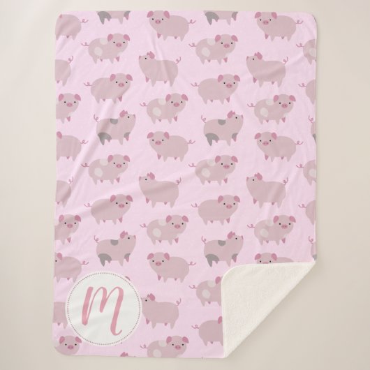Niedliches Pink Baby Piglets Muster & Monogramm Sherpadecke (Vorderseite)