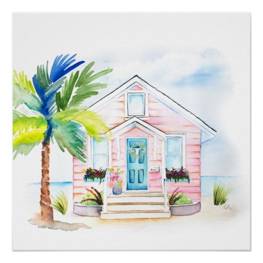 Niedliches Pink Beach House Poster (Vorderseite)