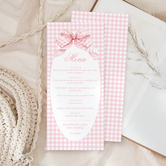 Niedliches Pink Bow Coquette Baby Girl Duschmenü Menükarte