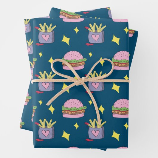 Niedliches Pink Burger and Fries Pattern Wrapping  Geschenkpapier Set (Beispiel)