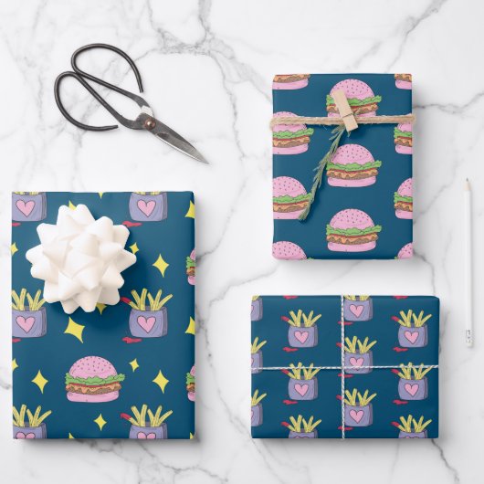 Niedliches Pink Burger and Fries Pattern Wrapping Geschenkpapier Set (Vorderseite)