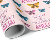 Niedliches Pink Butterfly Pattern Girl Happy Birth Geschenkpapier (Rolleneckpunkt)