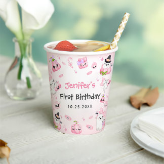 Niedliches Pink Ghost Halloween 1. Geburtstag Pappbecher