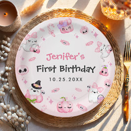 Niedliches Pink Ghost Halloween 1. Geburtstag Pappteller