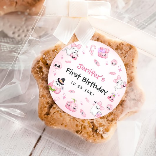 Niedliches Pink Ghost Halloween 1. Geburtstag Runder Aufkleber