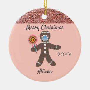 Niedliches Pink Gingerbrot Mann mit Gesichtsmaske Keramik Ornament