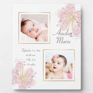 Niedliches Pink Gold Floral Watercolor Kindermädch Fotoplatte