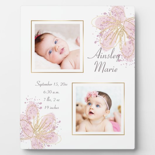 Niedliches Pink Gold Floral Watercolor Kindermädch Fotoplatte (Vorderseite)