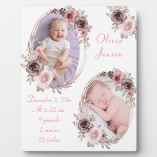 Niedliches Pink Gold Floral Watercolor Kindermädch Fotoplatte