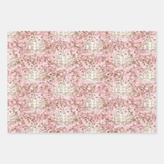 Niedliches Pink/Gold Weihnachtsmuster Geschenkpapier Set (Vorderseite)