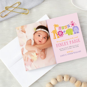 Niedliches Pink Jungle Animals Baby Girl Foto Gebu Ankündigung