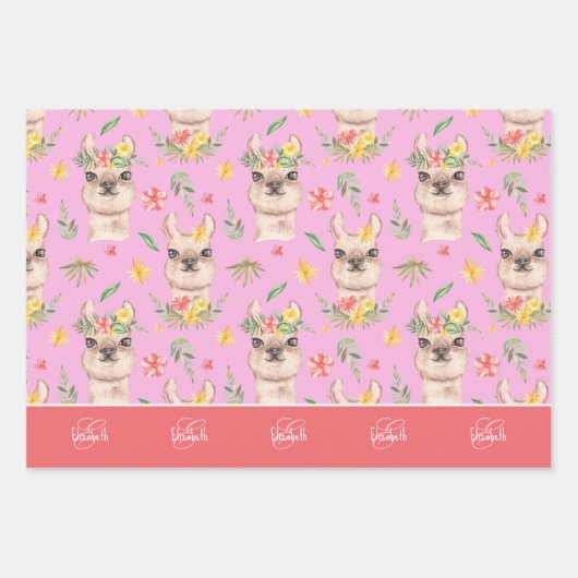 Niedliches Pink Lama Muster für kleine Mädchen Geschenkpapier Set (Vorderseite 3)