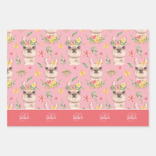 Niedliches Pink Lama Muster für kleine Mädchen Geschenkpapier Set (Vorderseite)