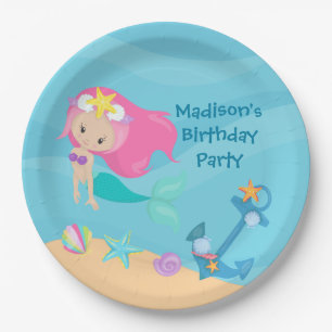 Niedliches Pink Mermaid Beach Girl zum Geburtstag Pappteller