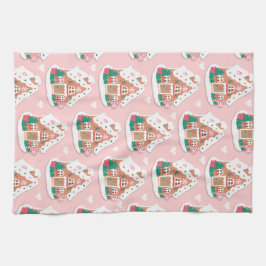 Niedliches Pink Snowy Gingerbrot House Geschirrtuch