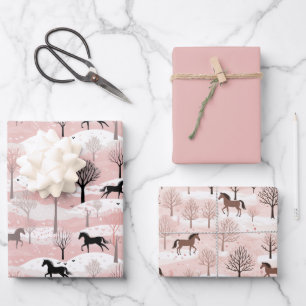 Niedliches Pink Snowy Winter Horse Wrapping Paper Geschenkpapier Set