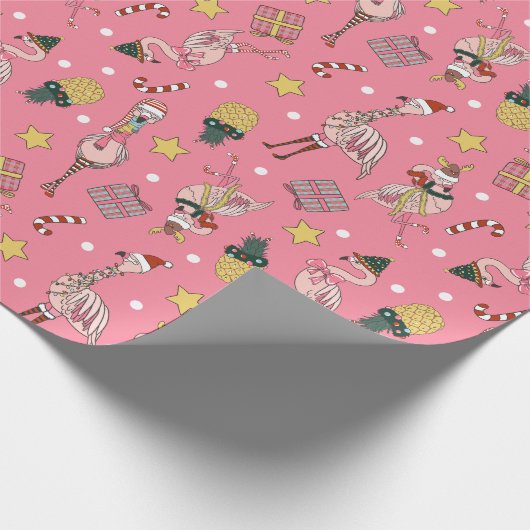 Niedliches Pink Weihnachts Flamingo und Ananas Mus Geschenkpapier (Ecke)