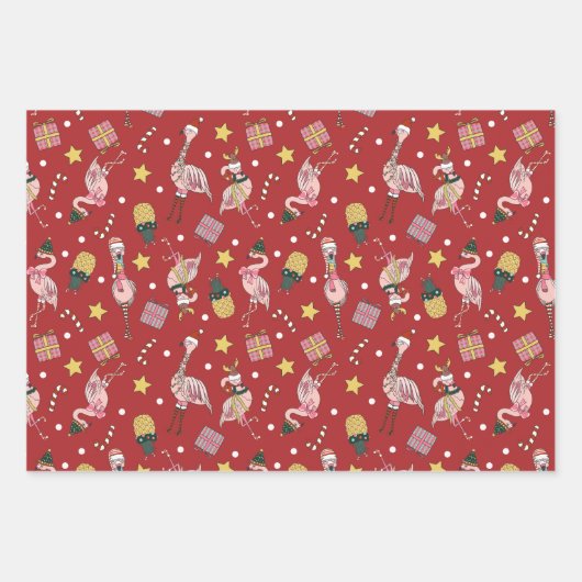 Niedliches Pink Weihnachts Flamingo und Ananas Mus Geschenkpapier Set (Vorderseite 3)