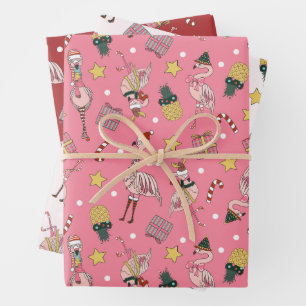 Niedliches Pink Weihnachts Flamingo und Ananas Mus Geschenkpapier Set