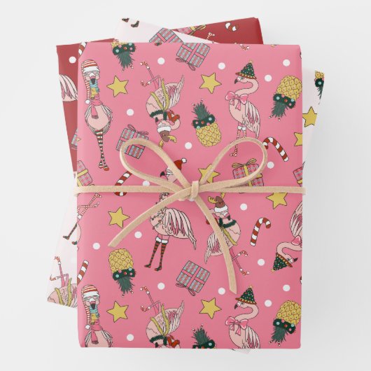 Niedliches Pink Weihnachts Flamingo und Ananas Mus Geschenkpapier Set (Beispiel)