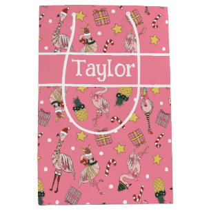 Niedliches Pink Weihnachts Flamingo und Ananas Mus Mittlere Geschenktüte