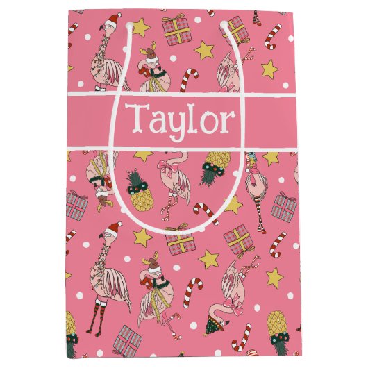 Niedliches Pink Weihnachts Flamingo und Ananas Mus Mittlere Geschenktüte (Vorderseite)