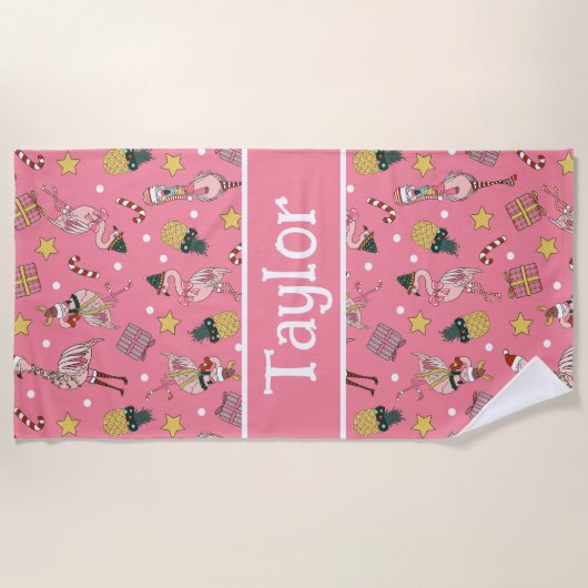 Niedliches Pink Weihnachts Flamingo und Ananas Mus Strandtuch (Vorderseite)
