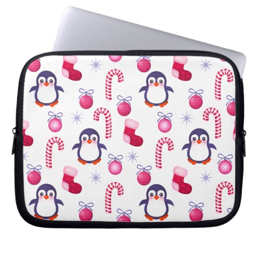 Niedliches Pink & White Weihnachtsmuster mit Pingu Laptopschutzhülle (Vorderseite)